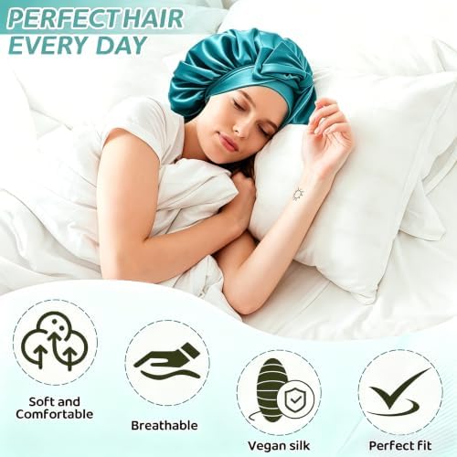 VECIIR Silk Bonnet for Sleeping Women，Hair Bonnet for Sleeping Silk Night Cap for Curly/Natural Hair Skin Hazel Cyan, Large - Image 2