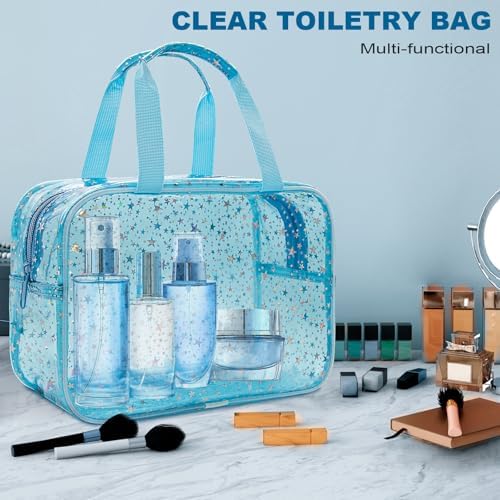 Clear Blue Star Large Makeup Bag with Star Pattern 12x5x8 inch, Travel Cosmetic Bag with Handle, Durable PVC Material Washbag Zipper Opening Design for Makeup Travel Organizer or Gym Use - Image 4