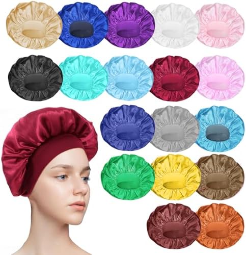 WLLHYF 18 Pcs Satin Bonnets for Sleeping, Large Silk Bonnet Wide Band Hair Bonnet Soft Elastic Hair Wrap Cap Silky Shower Cap for Black Women Men Curly Hair - Image 2