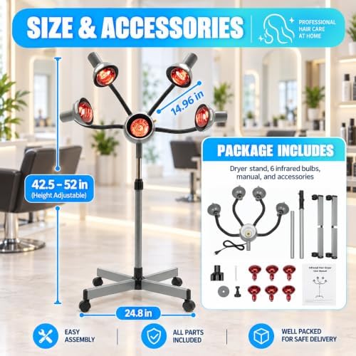 750W Standing Hooded Hair Dryer with 5 Infrared Lamps, Adjustable Height Salon Hair Steamer with Rolling Base, Stand Up Hair Dryer for Perming, Coloring, Conditioning & Hair Styling, 110V - Image 7