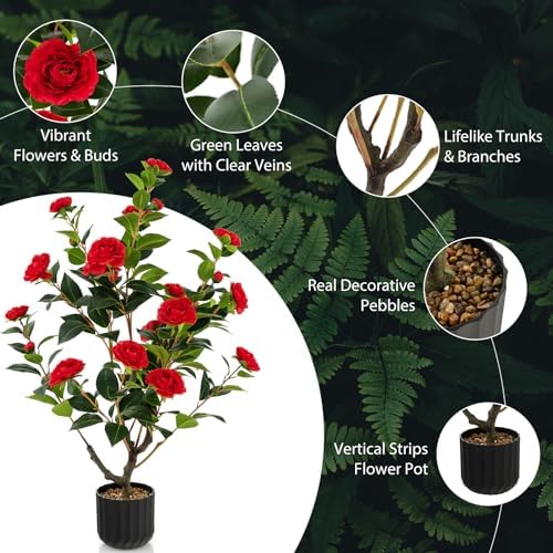 Goplus 38’’ Artificial Camellia Tree, 2 Pack Flower Plants Artificial Tree - Image 3