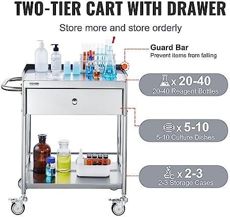 VEVOR Medical Cart, 2-Layer Stainless Steel Cart 220 lbs Weight Capacity - Image 5