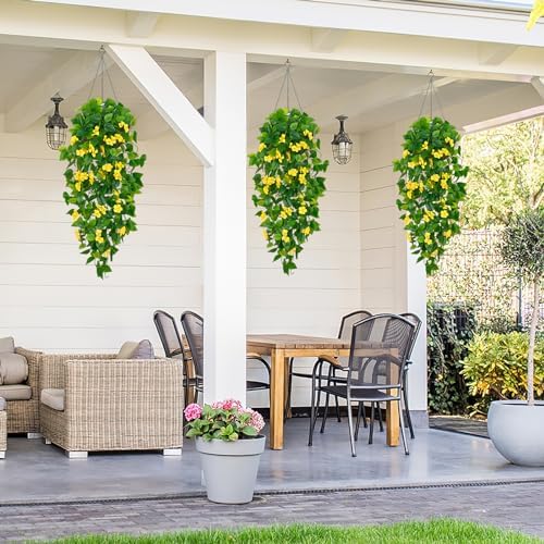 BLEUM CADE Artificial Hanging Flowers for Outdoors, 2pcs Fake Hanging Plants Pothos Vines with Yellow Flowers for Wall Home Living Room Indoor Outdoor Decor (No Baskets) - Image 5