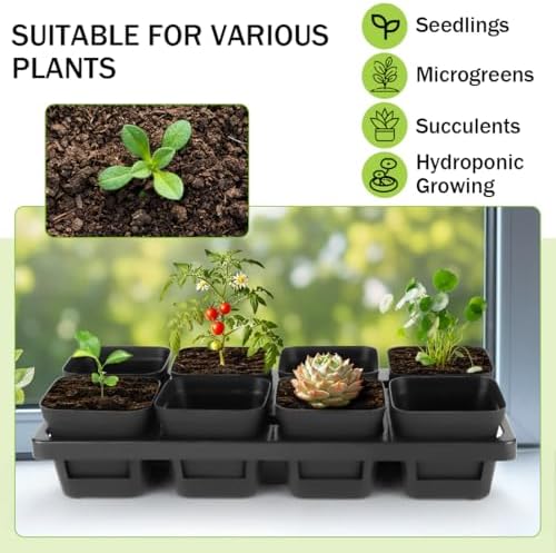 8 Cell Nursery Pots Trays 6 Pack (12" x 6"), 3 inch Square Plastic Nursery Pots 48 Pcs, Durable Carrying Seed Starter Tray, Planting Trays for Holding Small Seedling Pots with Drain Holes (Black) - Image 6