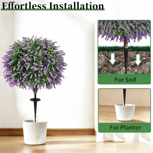 27.5" Artificial Lavender Boxwood Topiary Ball Trees, Set of 2 Fake Shrubs Bushes with Ground Spike, UV Resistant Faux Evergreen Tree for Front Porch Outdoor Garden Decor - Image 4
