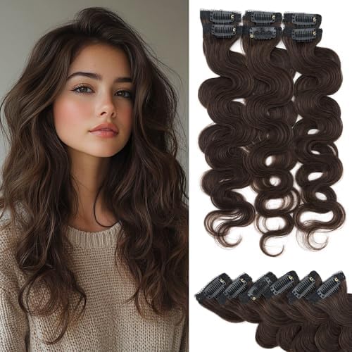 Rich Choices Clip In Hair Extension Real Human Hair-Wave/Curly 6 Pcs Single Clip Hairs Extension for Women-Invisible Mini Clips in Hairpieces for Thin Hairs-16 Inch #2R Chocolate Brown by RichChoices