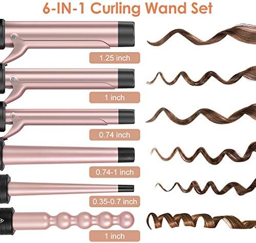 6-in-1 Curling Iron, Professional Instant Heat Up Hair Curling Wand Set with 6 Interchangeable Ceramic Barrels (0.35'' to 1.25'') and 2 Temperature Adjustments, Heat Protective Glove & 2 Clips - Image 2