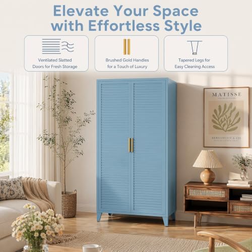 61" H Metal Storage Cabinet with Hanger Rod and 3 Shelves, Kitchen Pantry Cabinet, Tall Freestanding Utility Cupboard, Blue Steel Garage Cabinets for Tool Office Kitchen Bathroom School - Image 4