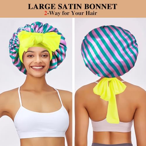 2+3 Large Satin Bonnets with Scrunchies for Women, Hair Bonnet Sleeping Tie Bonnet for Braids Curly Hair - Image 4