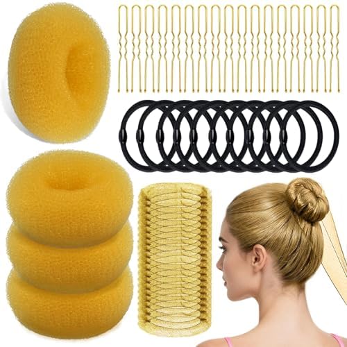 YINGFENG 134 Pcs Gold Hair Bun Maker Kit Medium - 4 Bun Hair Pieces for Women, 20 Hair Net for Buns, 100 Bobby Pins for Women, 10 Hair Bands, for Ballet Styling, Hair Accessories for Girls by YINGFENG