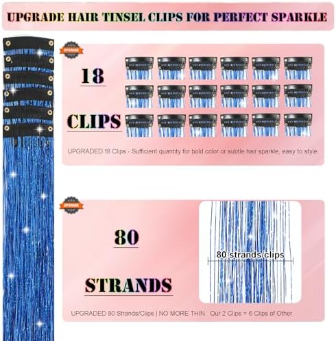 Hair Tinsel Kit 18 Pcs Hair Tinsel Clip in Fuller Sparkle, Heat Resistant Clip in Glitter Tinsel Hair Extensions Fairy Blue Hair Accessories for Women Girls Daily Party Festival (Sapphire Blue) - Image 3