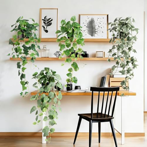 Artificial Plants Indoor with Pots, Fake Pothos Hanging Plant Set of 2, Silk Faux Greenery Ivy for Outdoor, Realistic Fake Potted Plants for Shelves Office Wall Decor, Green 33In - Image 4