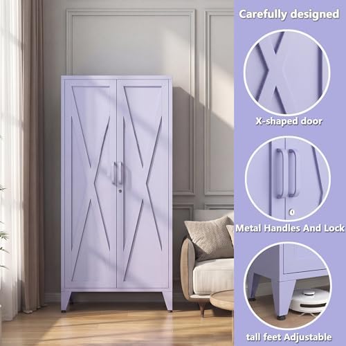 61" H Tall Lockable Steel Storage Cabinet with 2 Doors and 3 Adjustable Shelves,4-Tier Freestanding Metal Locker for Home,Office,Living Room,Gym,Purple 27.6" W x 13.8" D - Image 5