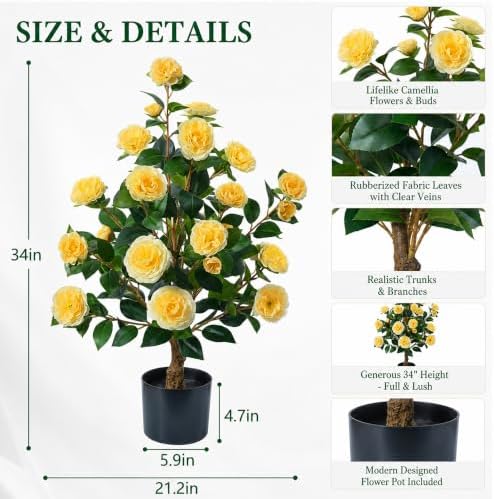 HyeFlora 3ft Artificial Camellia Tree 2 Pack, 34 Inches Faux Camellia Plant in Pot,Fake Potted Camellia Flower Trees UV Resistant for Modern Home Office Living Room Floor Indoor Outdoor Patio Decor - Image 2
