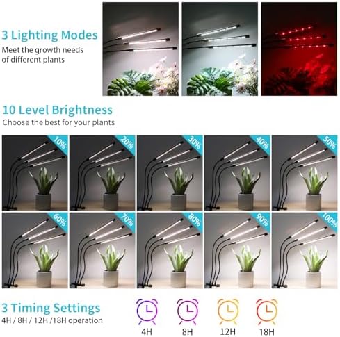 Black Grow Lights for Indoor Plants, 126LEDs Clip Plant Lights, Full Spectrum LED Plant Growing Lamps with Flexible Gooseneck, 4/8/12/18H Timer, 3 Spectral Modes, 10 Dimmable Levels, 3 Head 1 Pack - Image 4