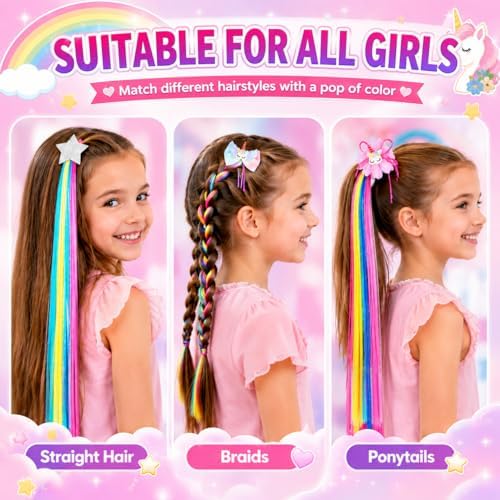 6 Set Rainbow Colored Straight Hair Clips with Unicorn Accessories - Thick Wig Bangs and Ponytail Extensions for Girls - Image 3