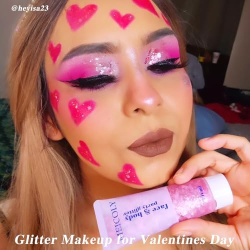 MEICOLY Pink Body Glitter,Sparkly Hair Glitter for Kids,Pink Accessories for Spirit Week,Singer Concerts Lover Heart Pink Halloween Face Glitter Makeup,Self-Adhesive Mermaid Glitter Face Paint - Image 3
