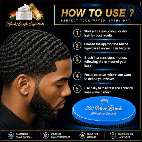 360 Wave Brush, Soft, Build Deeper Waves & Hard Boar Bristle, Curved Design, Black Lavish Essentials Signature (Soft Brush, Sky Blue) - Image 4