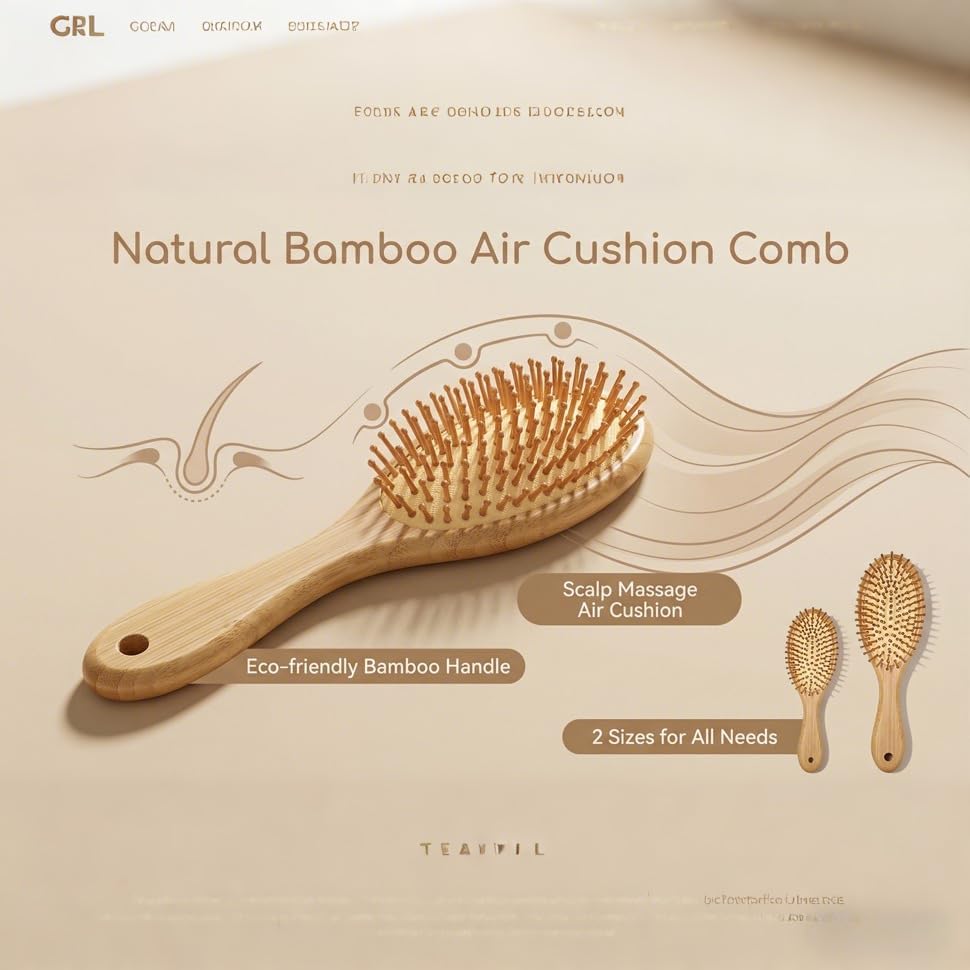 Women Men Natural Bamboo Hair Brush with Air Cushion, Scalp Massage Hairbrush with Hang Hole Bamboo Paddle for All Hair Types (Large) - Image 2