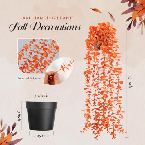 Der Rose 1Pcs Fake Fall Plants Hanging Orange Artificial Potted Faux Eucalyptus Plant Decorations for Fall Thanksgiving Bathroom Table Centerpiece Wall Kitchen Room Decor Indoor and Outdoor - Image 3