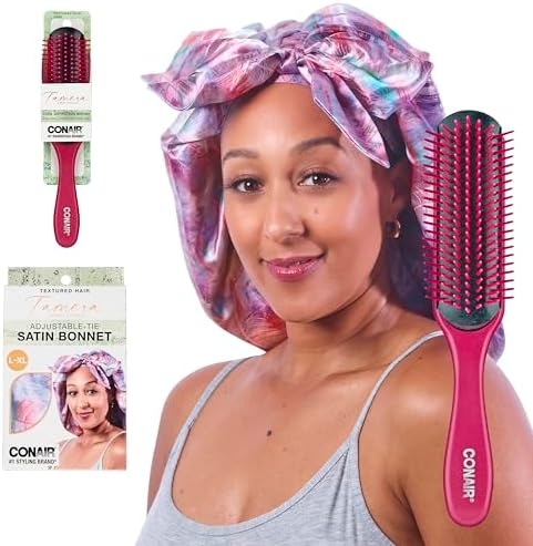 CONAIR x Tamera Mowry Collection Satin Swirl Print Hair Bonnet with bonus Curl Definition Brush - Nylon Bristle hairbrush - curl smoothing hair brush - features removable bristles - tie hair cap by conair