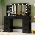 JUMMICO Makeup Vanity Desk with Large Mirror and Lights, Vanity with Power Strip and Hairdryer Holder, 6 Open Shelves and 7 Drawers Modern Dressing Table, for Bedroom (Black) by JUMMICO