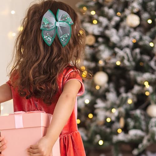 2pcs 4" Christmas Tree Shaker Bows Hair Clips for Girls Women Green Mesh Tulle Fable Hair Bow Alligator Barrettes Kids Teen Toddler Holiday Party Dress Decoration Accessory Xmas Gift - Image 4