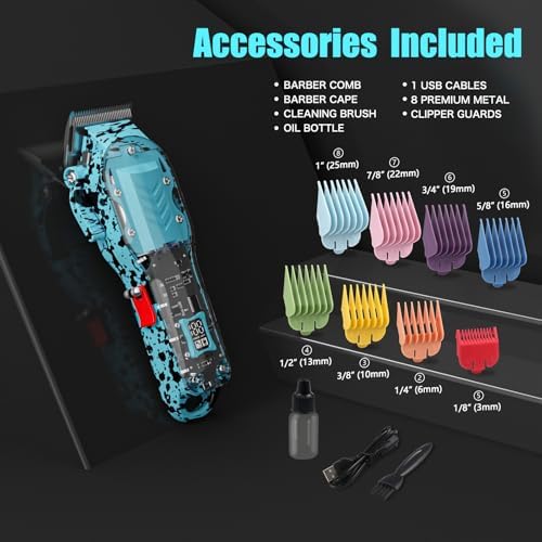 Professional Hair Clippers for Men, Cordless Barber kit for Hair Cutting & Grooming, Hair Clippers Set for Barber Haircut with LED Display 8 Fade Taper Combs(Blue) - Image 4