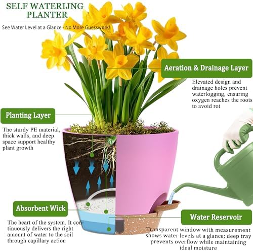 Self Watering Pots for Inoor Ourdoor Plants 8/7/6.5/6/5 Inch, 5 Pack - Image 3