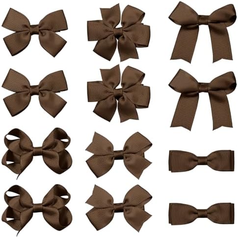 3 Inch Hair Bows for Little Girls Set of 12 Hand-Made Solid Brown Grosgrain Ribbon Fall Thanksgiving Dress Bows Alligator Clips School Uniform Decorative Accessories for Teen Toddler Baby Girls Kids by KCHIES-AccessoryCollection