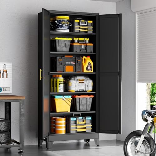75" Black Metal Storage Cabinet with 2 Doors and 5 Adjustable Shelves,Steel Garage Tool Cabinet, File Cabinet,Kitchen Pantry Cabinet for Home,Office,Garage,School,Warehouse - Image 2