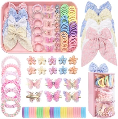 Little Girls Hair Accessories Kit with 3-Tier Pink Storage,Ties and Clips by CAMBIODV