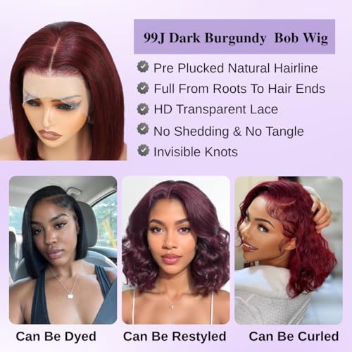 ALHER Short Bob Wig 99J Dark Burgundy, 12A Straight Small Cap 13x4 Lace Frontal Wigs Human Hair Pre Plucked With Baby Hair, Small Cap Wig Size 21-21.5 180% Density for Black Women 12 Inch - Image 3