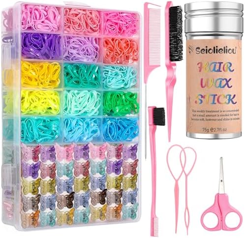 Girls Hair Accessories-1500P Elastics 45P Claw Clips Wax Stick Comb Set by Seiolieliou