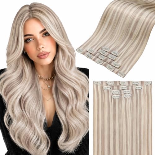 LaaVoo Seamless Clip in Hair Extensions Human Hair Blonde Highlight Seamless Clip in Human Hair Extensions Invisible PU Weft Human Hair Clip ins Extension 18inch 4PCS 95g by LaaVoo