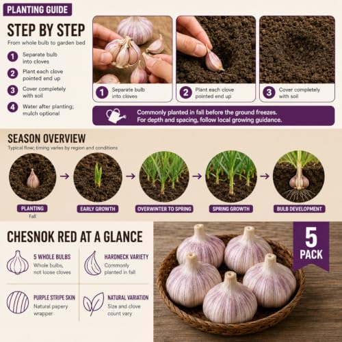 5 Pack Chesnok Red Garlic Bulbs for Planting Large Hardneck Garlic Cloves Garlic Seeds for Planting Cold Climate Ready Garlic Bulbs for Planting Home Garden Raised Beds Fall or Spring - Image 7