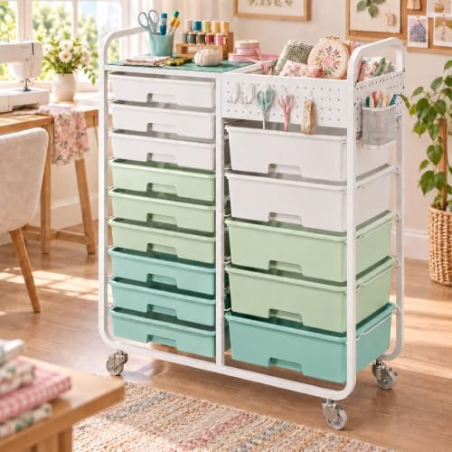 14 Drawer Rolling Storage Cart with Tabletop and Pegboard for Crafts Green - Image 2