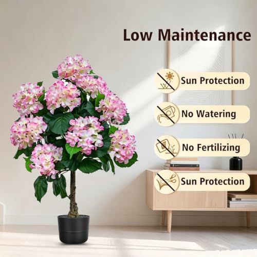 THKFUL 3FT Artificial Hydrangea Flower Tree with Natural Wood Trunk, Faux Pink White Floral Topiary Tree Potted for Indoor Home, Living Room, Wedding, Party Event Decor - Image 4
