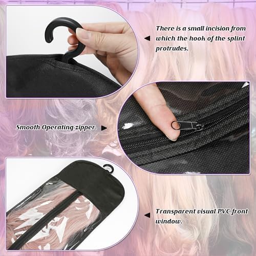 KOLLIEE 2 Pcs Wig Bags Storage with Wig Hanger Dust-proof for Multiple Wigs Hanging Storage Bags Organizer Foldable Easy Carry Suitable for Home Travel Hair Salon Black - Image 6