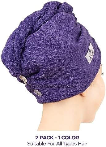 American Soft Linen 100% Cotton Hair Towel Cap and Wrap for Long Curly Anti Frizz Hair, Absorbent 2 Pack, Purple - Image 3