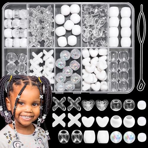 NAISKA 108PCS White Hair Beads Clear Beads for Hair 10 Styles Loc Bead Acrylic Assorted Bead Transparent Loc Jewelry Cute Braids Accessories for Kids Girls by NAISKA