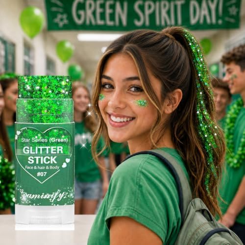 Green Hair Glitter Stick,Halloween Body Face Glitter,Green Spirit Day Accessories,Waterproof Green Holographic Glitter for Rave Singer Concert Party,Shimmer St Patrick's Day Outfit for Women - Image 3