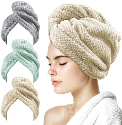 my novel things 3 Pack Microfiber Hair Towel Wrap for Women 25.4" x 9.8", Super Absorbent Quick Dry Towels with Button for Curly Wet Hair Anti Frizz (Camel,Green,Gray) by mynovelthings