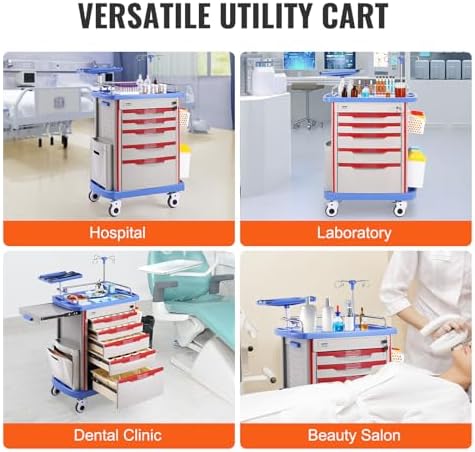 VEVOR Medical Crash Cart, Nursing Emergency Rolling Cart with 5 Drawers & 4 Silent Wheels, Adjust IV Pole, Needle Disposal Holder, Trash Bin, O2 Holder, Mobile Trolley for Hospital, Clinic, Lab, Salon - Image 6