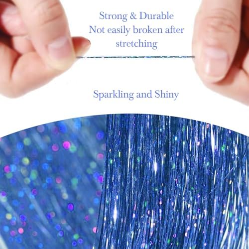 Hair Tinsel 8 Packs 1600 Strands 50 Inch Tinsel Hair Extensions Sapphire Blue Heat Resistant Glitter Sparkling Shinny Fairy Hair Accessories for Women(Sapphire blue, 50Inch) - Image 3