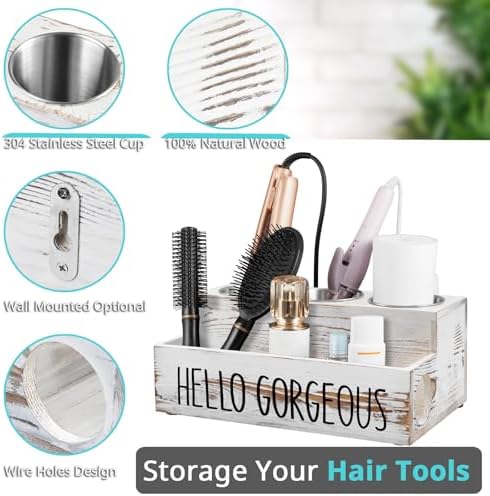 Bivvclaz Hair Tool Organizer, Rustic White Wood Hair Dryer Holder Countertop, Wall Mount Hot Tools Organizer for Hair Styling Accessories, Bathroom Supplies Vanity Caddy for Curling Wand, Blow Dryer - Image 3