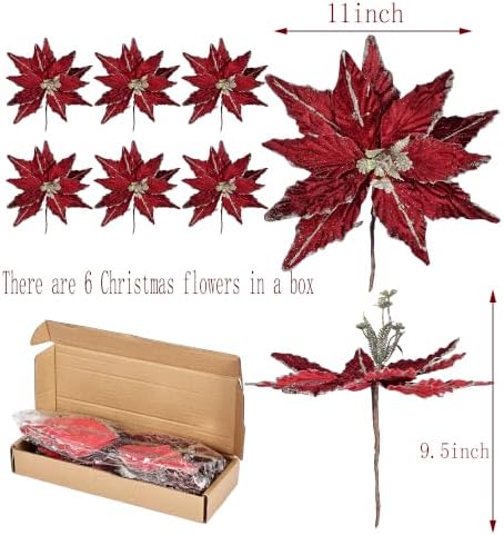 Kimura's Cabin 6Pcs Artificial Poinsettia Christmas Flowers Set,Burgundy - Image 2
