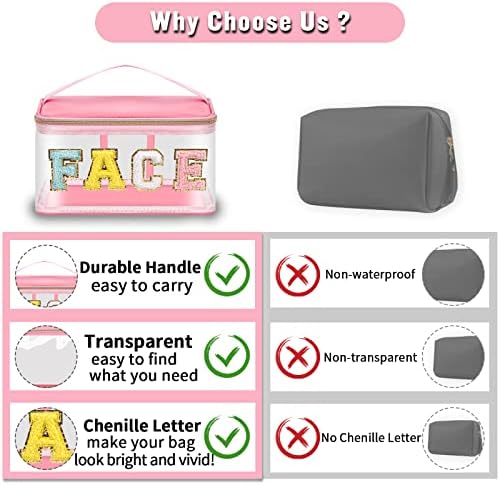 Chenille Letter Clear Makeup Bags Face Pouch, Preppy Patch Makeup Bag Zipper with Handle, Transparent PVC & Nylon Waterproof Glitter Cosmetic Handbag Travel Toiletry Storage for Women Girl(FACE-Pink) - Image 4