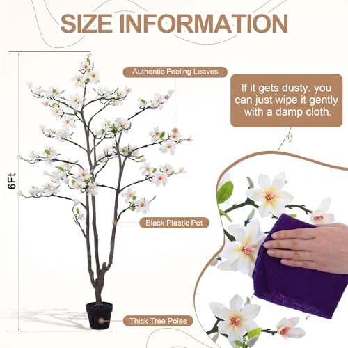 Giegxin 6 FT Tall Artificial Magnolia Tree, 72 Inches Faux Magnolia Trees Realistic UV-Resistant Flower Leaves Plant with Pot for Patio Home Office Wedding Living Room Indoor Outdoor Decor(White) - Image 2