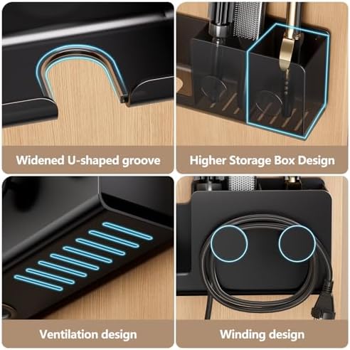 FEZHI Hair Dryer Holder,3-in-1 Hair Tool Organizer Heightened design with Plug&Cord Winding,Blow Dryer Holder Wall Mounted/Cabinet Door for Flat/Curling Irons Hair Straighteners (Black) - Image 3